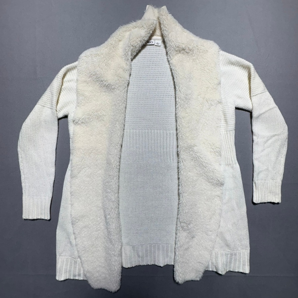 Cato Womens Cream Faux Fur Trim Open Front Cardigan Sweater Size L